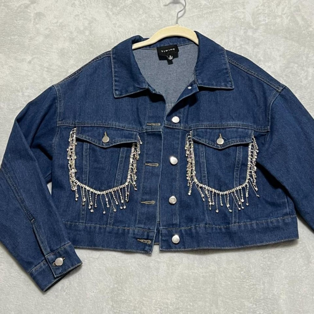 Rhinestone Fringe Denim Jacket Small Cropped Western Festival Glam‎